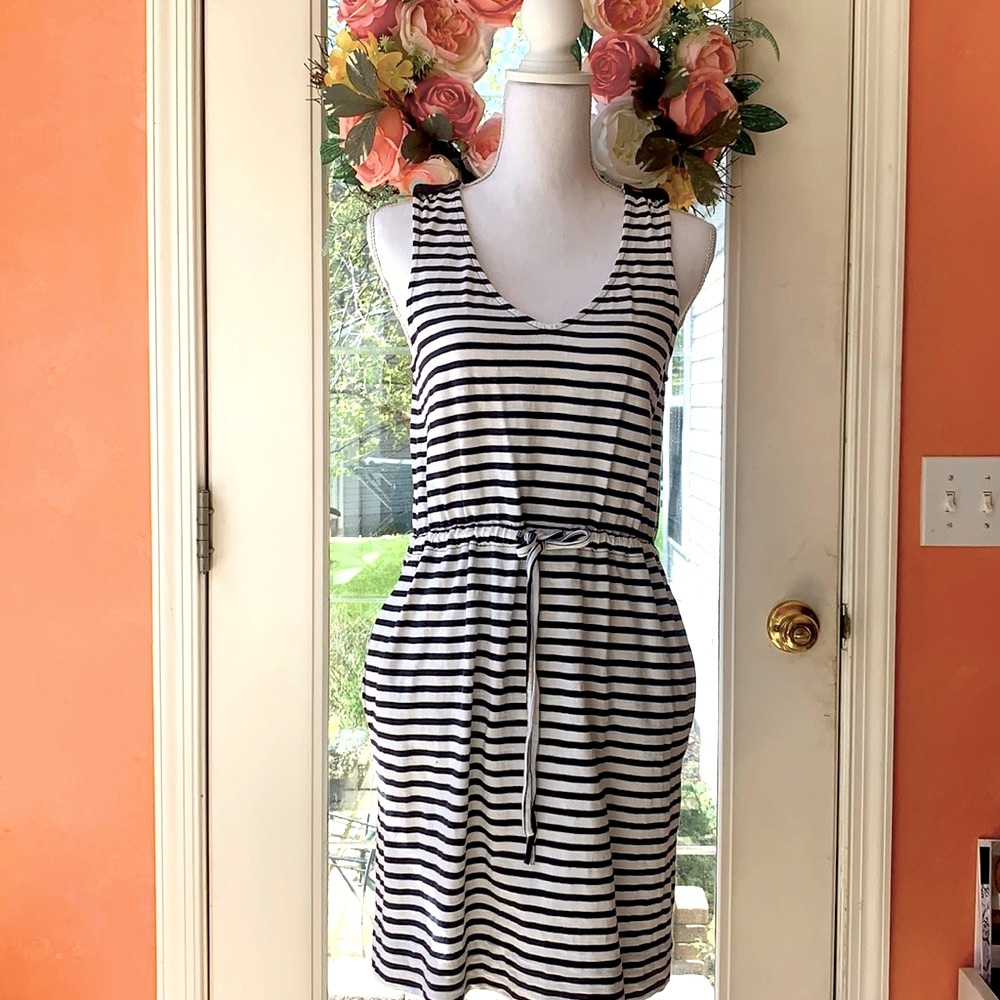 J. Crew Tank Dress Blue/White Stripe Drawstring XS - Picture 2 of 7